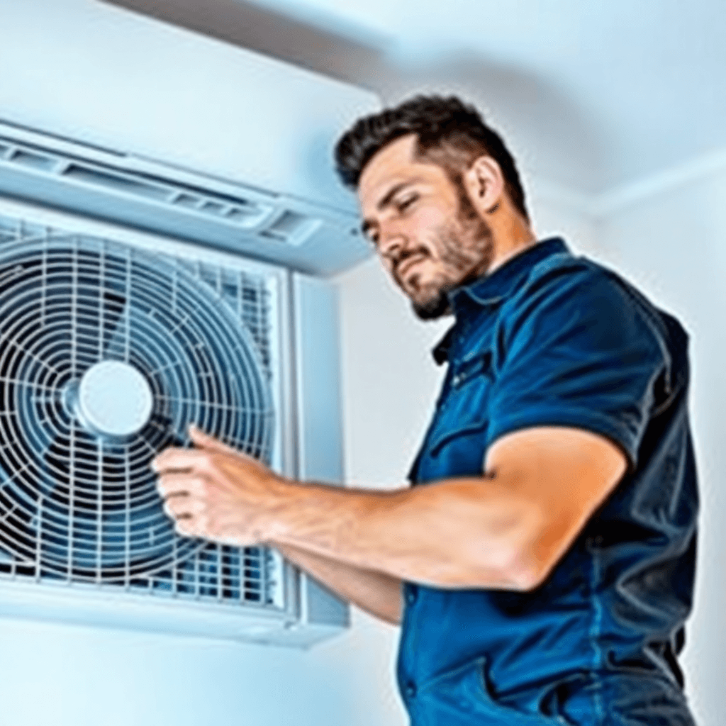 Modern HVAC technician working on air conditioning system